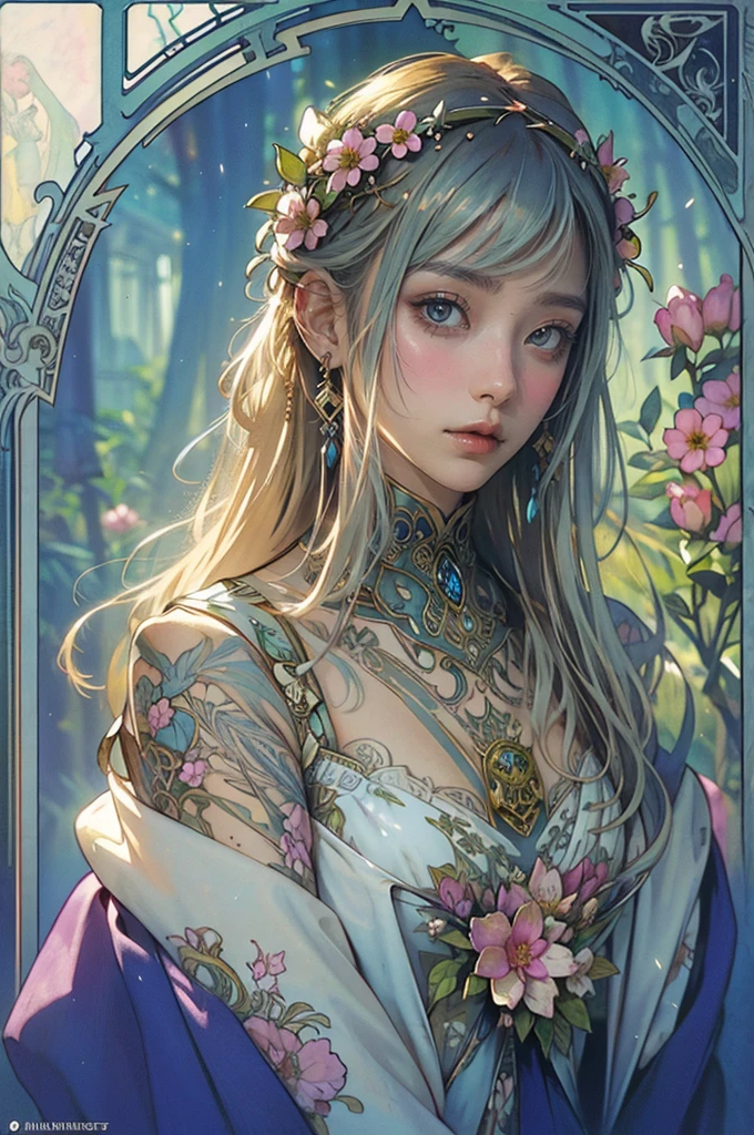Depicts a beautiful woman with flowers in her hair、Highly detailed watercolor painting, The style of Alfons Maria Mucha and Gustav Kirmut, Art Nouveau accents, Fairy Princess, Anthropomorphic woman, Female figure, Detailed cover artwork, As the Flower Goddess, Alphonse Mucha, Gustav Klimt, Pale skin, Marble sculpture, society, Gothic art, Art Nouveau, Behance Contest Winner