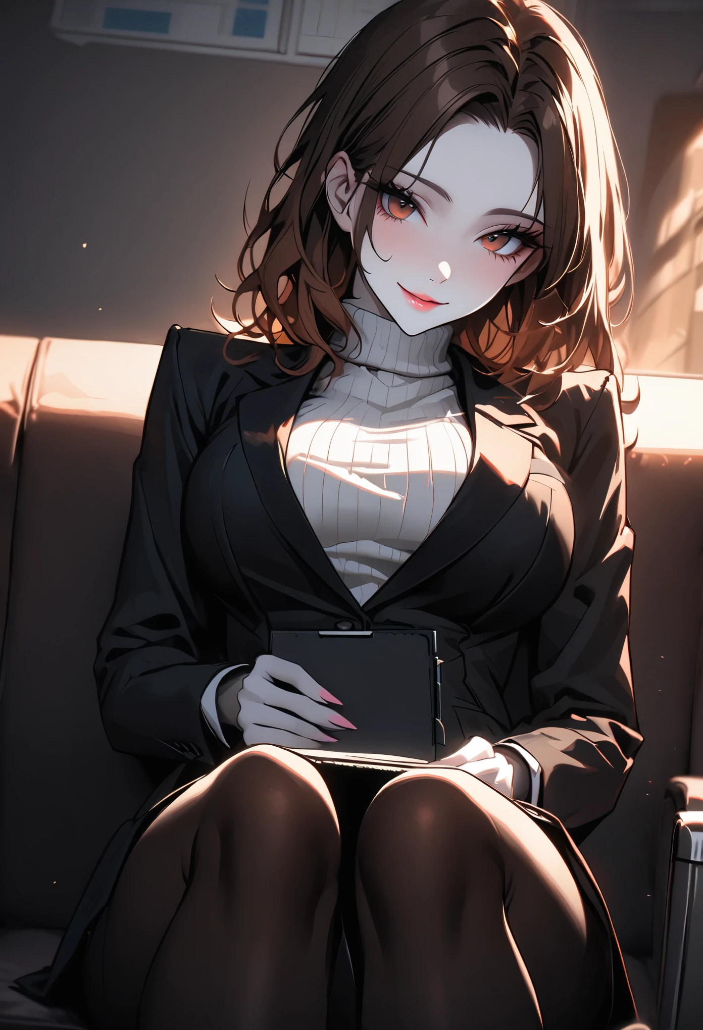 solo, female, brown hair, brown eyes, neat hair, very large breasts, black suit, juicy tights, displaying thighs, black skirt, sitting, gentle smile, doctor's office, psycologist, couch, pale skin, white turtleneck shirt, flirty, white ribbed sweater, buttoned black suit jacket, close up, pink lips, warm light, notepad, sfw