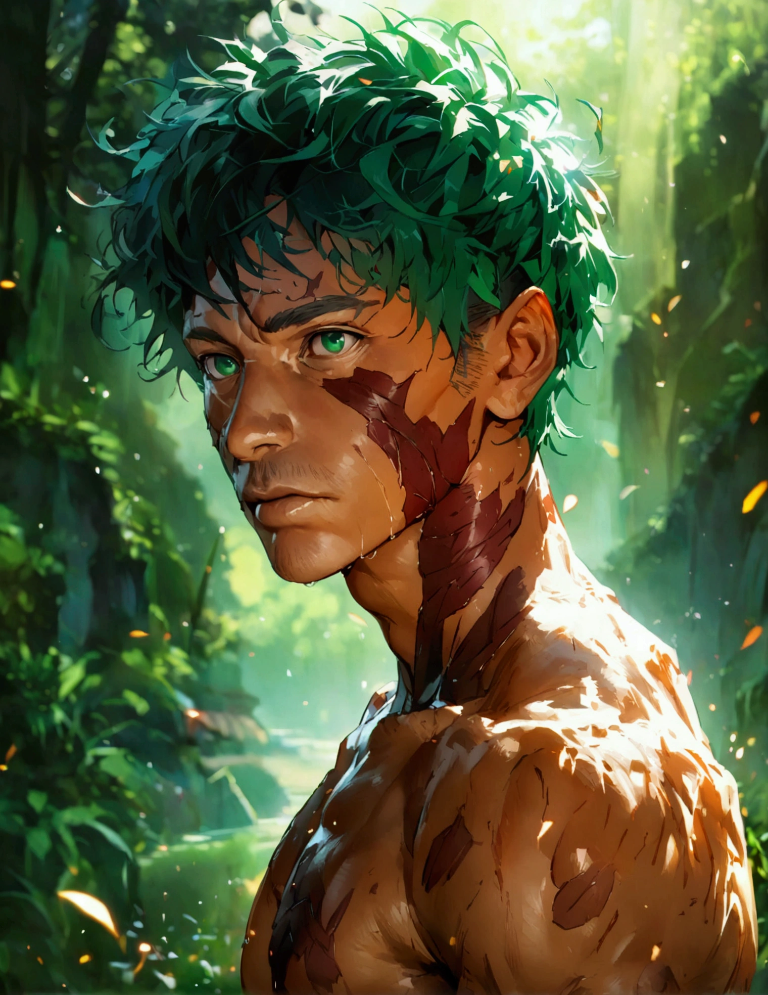 Mature man, strong and muscular body, short green hair, green eyes, scarred body, no shirt, "Anime character design inspired by Naruto, full of dramatic and impressive lighting, focus on the centralized character, impressive face, full of creative details, ultra-fine 2D design, scenery bathed in creativity, boasting 2D anime resolution clarity, HD anime graphics, high-octane rendering"