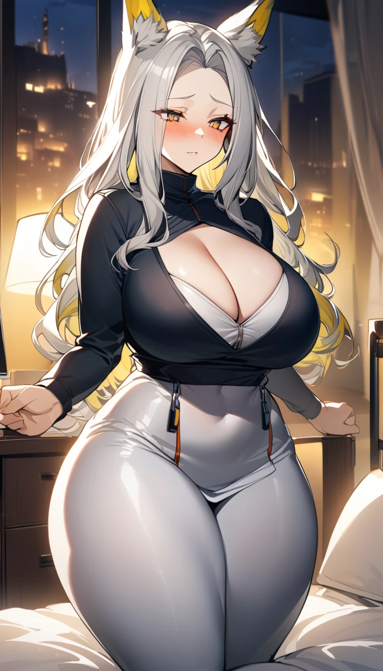 Hellagur(Arknights),grey hair,animal ears,curvy body, wearing appropriate clothes(Muslim), big cleavage,big thighs, blushing, bedroom, night setting.