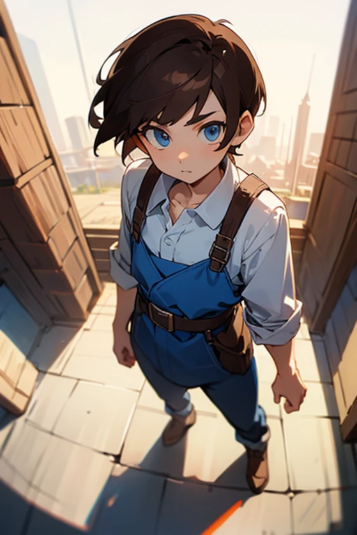 Boy, brown hair, blue eyes, looking at the audience, short hair, character design, details, quality, high resolution model, Perspective, wide angle, Anime style, pixel art,