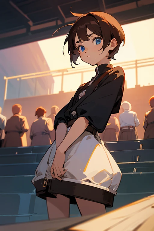Boy, brown hair, blue eyes, looking at the audience, short hair, character design, details, quality, high resolution model, Perspective, wide angle, Anime style, pixel art,