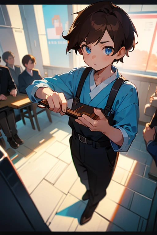 Boy, brown hair, blue eyes, looking at the audience, short hair, character design, details, quality, high resolution model, Perspective, wide angle, Anime style, pixel art, 