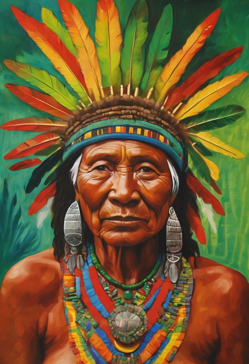 The oil painting depicts a shaman from the Amazon, Immersed in vibrant colors and loose brush strokes by David Hockney. approximately 60 years old, The Shaman Long Ago, gray hair that contrasts with her brown skin, reddened by the sun. Her face displays wrinkles that tell the story of her wisdom and life experience. The shaman's brown eyes are expressive, transmitting calm and serenity to the observer.

The highlight of the composition falls on the shaman's headdress, Composed of multi-core feathers, that catch the eye immediately. Adorning your neck and ears, necklaces and earrings are made from seeds, shells and animal teeth, symbolizing your connection to nature and your ancestors.

The shaman's face is painted with genipap and annatto, Forming Geometric Shapes in Black and Red, Marking Your Identity and Your Position as a Shaman. in her hands, Hold a maraca, An instrument used to communicate with spirits during their healing rituals. A necklace with a green stone adorns her chest, radiating brilliance and symbolizing your source of energy and knowledge.

The background of the painting depicts the lush Amazon rainforest, with trees, plants and animals represented in shades of green, brown and yellow. Sunlight creates a play of shadows and reflections between the leaves, Adding depth and motion to the scene. This image is a reverence for indigenous culture and its harmony with the environment, A celebration of the deep connection between the shaman and the forest that surrounds him.