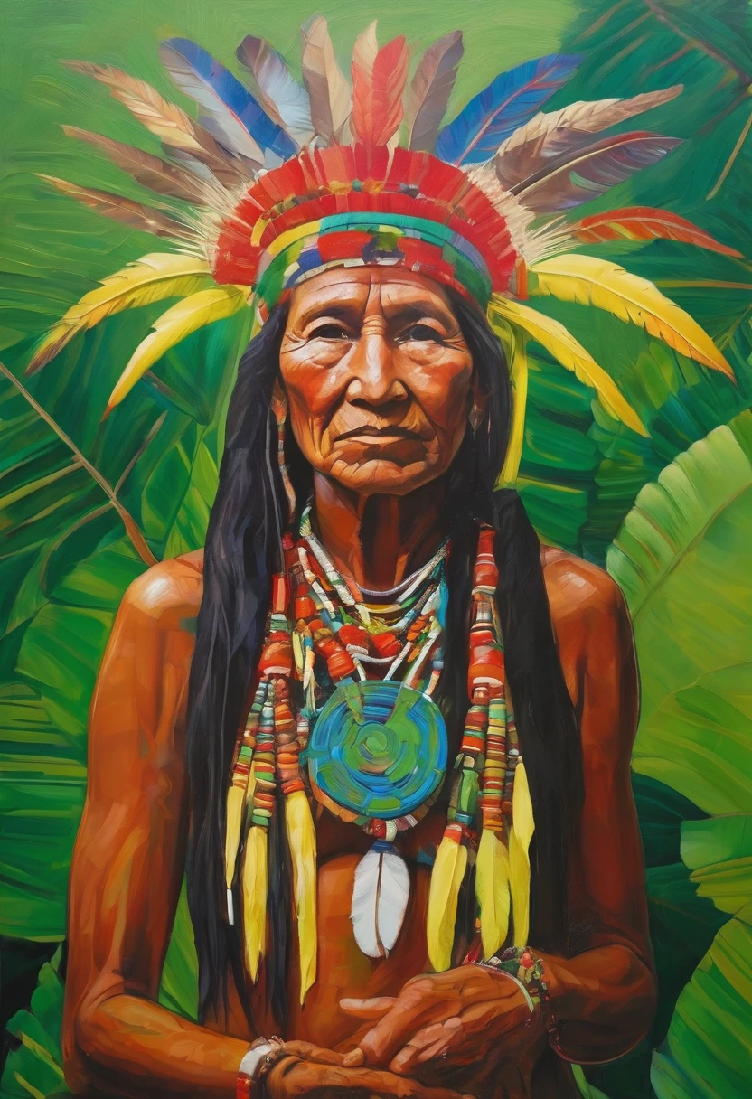 The oil painting depicts a shaman from the Amazon, Immersed in vibrant colors and loose brush strokes by David Hockney. approximately 60 years old, The Shaman Long Ago, gray hair that contrasts with her brown skin, reddened by the sun. Her face displays wrinkles that tell the story of her wisdom and life experience. The shaman's brown eyes are expressive, transmitting calm and serenity to the observer.
The highlight of the composition falls on the shaman's headdress, Composed of multi-core feathers, that catch the eye immediately. Adorning your neck and ears, necklaces and earrings are made from seeds, shells and animal teeth, symbolizing your connection to nature and your ancestors.
The shaman's face is painted with genipap and annatto, Forming Geometric Shapes in Black and Red, Marking Your Identity and Your Position as a Shaman. in her hands, Hold a maraca, An instrument used to communicate with spirits during their healing rituals. A necklace with a green stone adorns her chest, radiating brilliance and symbolizing your source of energy and knowledge.
The background of the painting depicts the lush Amazon rainforest, with trees, plants and animals represented in shades of green, brown and yellow. Sunlight creates a play of shadows and reflections between the leaves, Adding depth and motion to the scene. This image is a reverence for indigenous culture and its harmony with the environment, A celebration of the deep connection between the shaman and the forest that surrounds him.