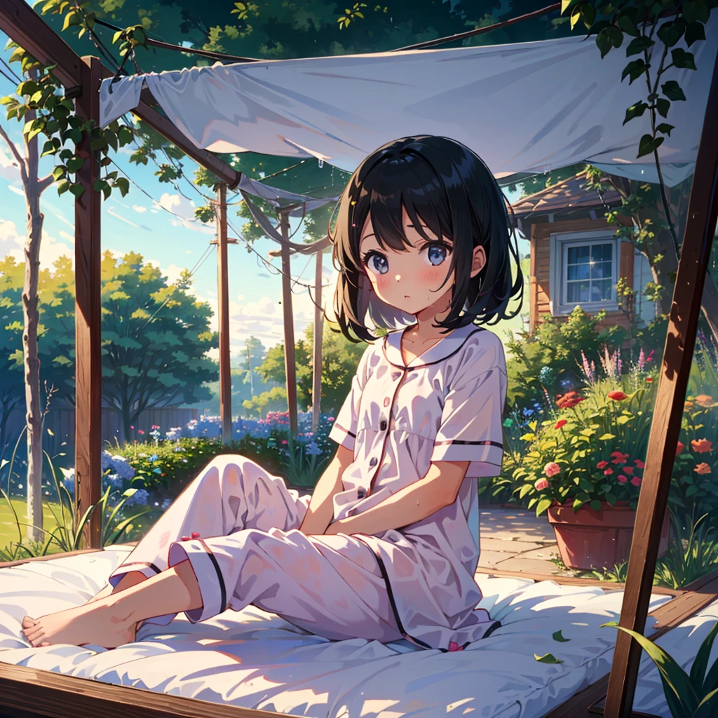 {{{Masterpiece, highest quality, high resolution background}}}, bright and beautiful atmosphere, 1 girl (5 years old, round face, baby face, young, child), small breasts, garden of a house, cute pajamas, mattress on a clothesline A girl hangs out her mattress to dry, there is a wet stain in the middle, and she looks embarrassed.
, "deltamon_sdXL :0.73)>Deltamon"