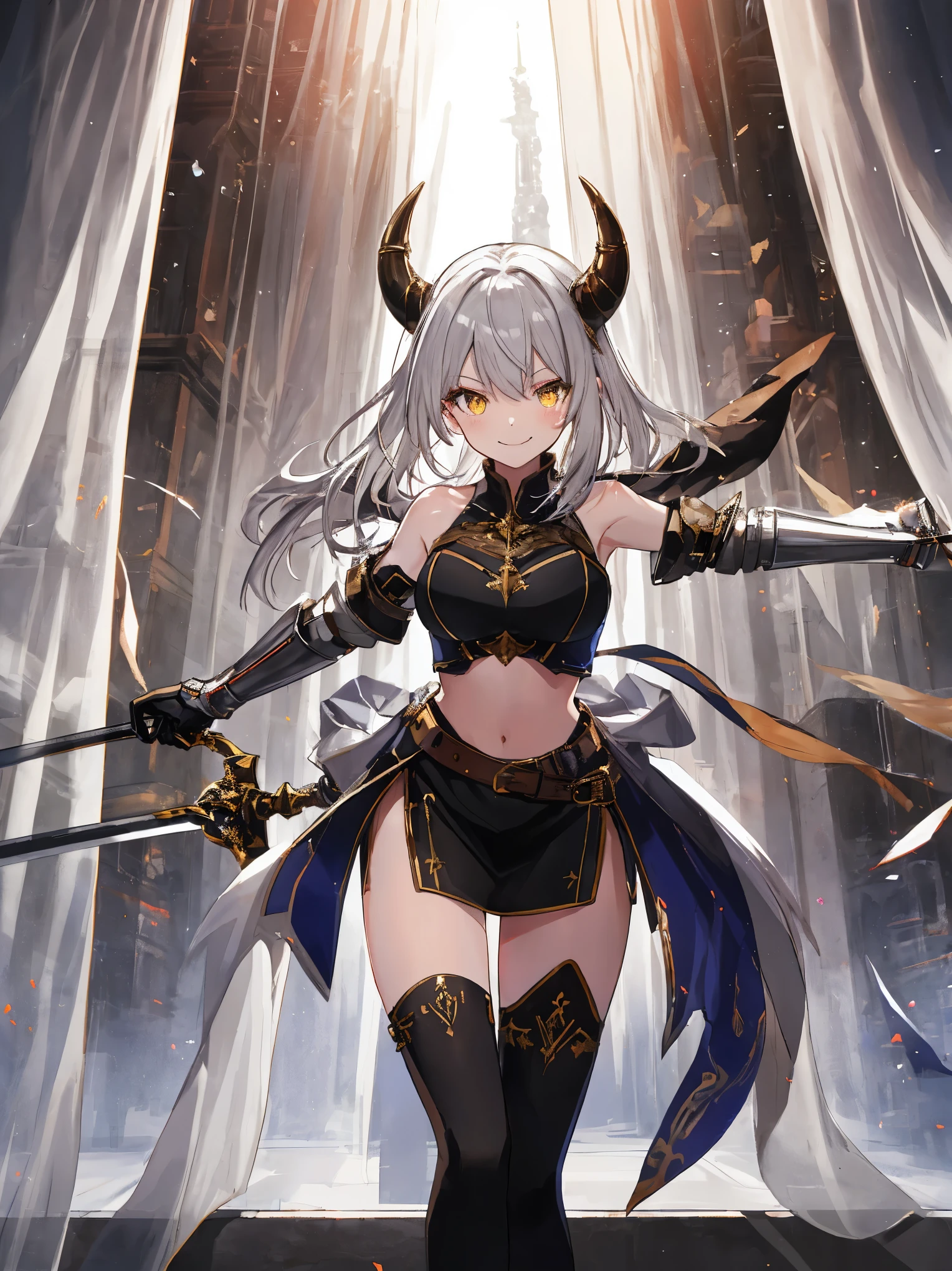 fantasy, 1devil_girl, low_, platina_blond_hair,long_bangs,, bare_shoulder, navel out, thighhighs,silver_armor, white_clothes,waist_armor, Glebe, hold_swords, large_breasts, dynamic_flying_pose,Floating,(pelvic_curtain:1.3), silver_Headgear ,looking_down_at_sunrise_city_sky_background,,slightly_spread_legs, some_swords,some_swords_floating_around_the_girl,solo,horn ,smile,,open_legs,open_arms,rise_knee,rise_leg,rise_thigh,rise_leg,forward_leaning_posture,apart_legs,fang,Shiny_gold_eyes
