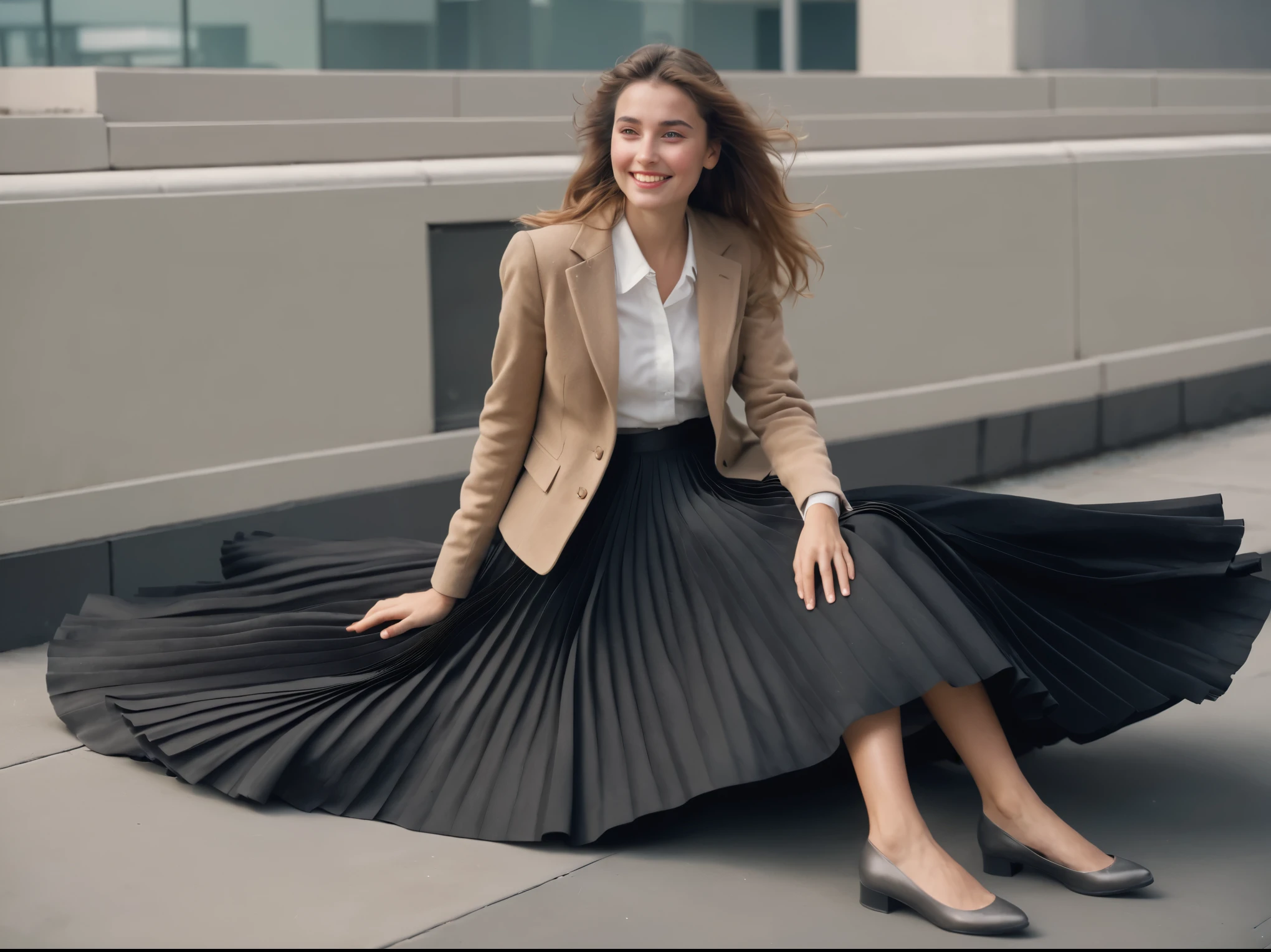 A smiling, authentic, (shy:1,3), kind, beautiful woman, is passionately in love with her skirt, wind wildly lifts her skirt, wearing uniform jacket and very, very detailed (long (fully pleated) full circle skirt) and (low heeled court shoes), very, very intricate hyper-detailed symmetric (attractive graceful young feminine face) with (sad, tired eyes and a loving smile), very voluptuous breasts, full of empathy and compassion and love, (pronounced (feminine) features), (highly detailed ultra accurate realistic) hands and fingers, (windy), epic composition, highly detailed attributes, (35mm f1.4 Kodak portra 400 photograph), extremely high quality RAW photograph, highly detailed atmosphere, sci-fi, cinematic shot, dynamic lighting, 75mm, Technicolor, Panavision, cinemascope, sharp focus, fine details, 8k, HDR, realism, realistic, key visual, film still, superb cinematic color grading, depth of field