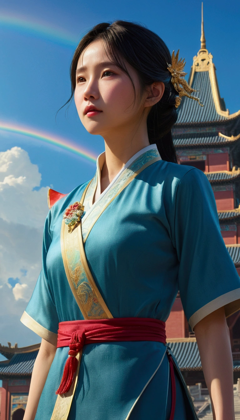 /Imagine Prompt: Handsome and confident girl, Dragon Wushuang, Standing in front of a magnificent palace, With tears in my eyes, The sky beyond the palace, Basking in the sunlight, Create a spectacular and moving scene, ,32K, Highest quality, masterpiece, Super Detail, Attention to detail, by makoto shinkai ,Star Style Art Group Star Star, --Rainbow 5"