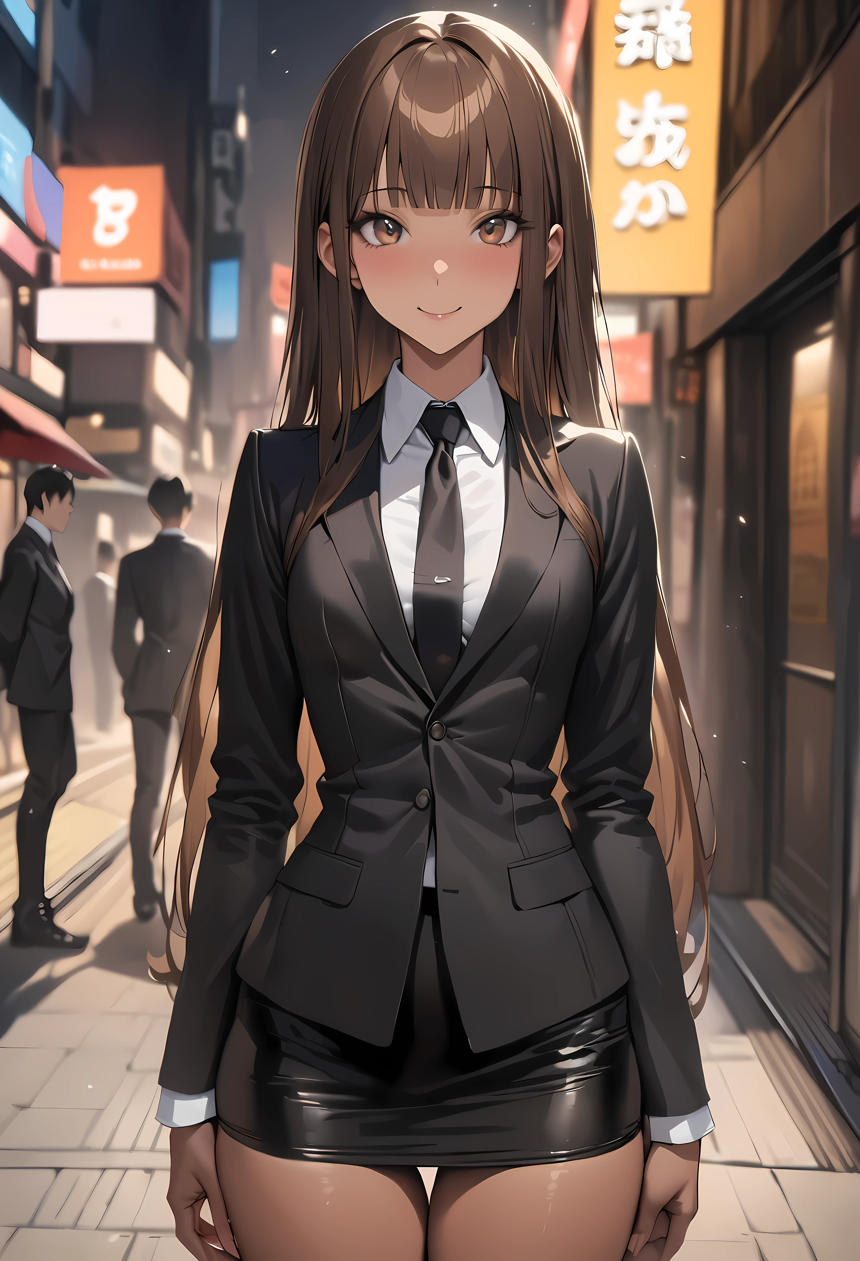 ((masterpiece,best quality anime,Highest quality:1.3)),realistic,(cowboy shot),25 year old beauty,solo,1woman,((very small head:1.3)),((very long body:1.2)),ideal ratio body proportions,(tan skin),brown hair,bangs,straight long hair,gorgeous eyes,brown eyes,smile,(Black formal jacket、Black tie、Black tight mini skirt),White collared shirt、((slender body,skinny,toned body)),small breasts,gleaming skin,、on street,Shibuya Station、、