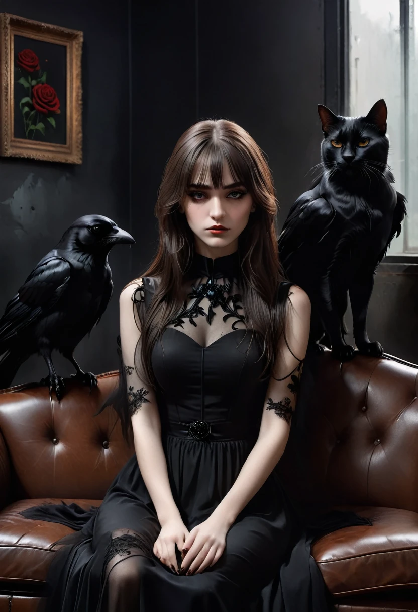 Dark,look close corner face camera , hold Crow, a woman sofia Steinberg face,long hair with bangs, pale white skinned ,wearing Black dress tulle blackmetal, pose sit in brown sofa, Petting a cat,room blackmetal, look above camera , in room blackmetal style steinberg model blackmetal , sad depression funiture skulls swords, gothic furniture, flowers black Roses ,poster ,stickerband, mortuary ,blackmetal background, digital painting, highly detailed, 3D animation, black roses, black cats, Couple , cuddle, Kiss hot poses,with man handsome ,cool,