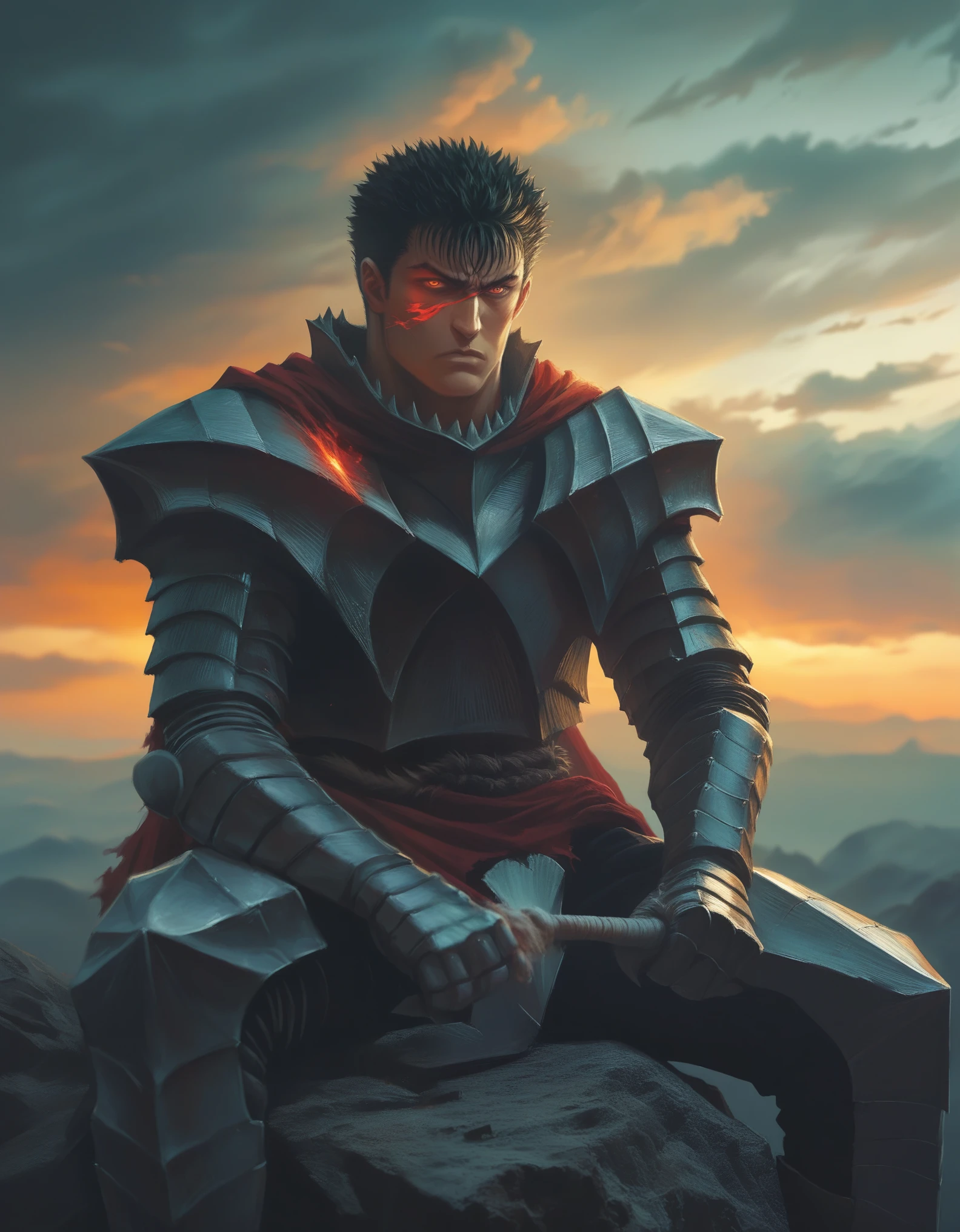 Guts (Berserk), Digital painting featuring a dark, fantasy-themed scene with anatomically correct human Guts berserk proportions, inspired by the style of Kentaro Miura, with a Seinen manga aesthetic. The layout is vertical, with the central subject being a humanoid figure in highly detailed, elaborate, dark armor, perched on a jagged rock formation. The figure has a wolf-like helmet with glowing red eyes and is holding a large, menacing sword over its shoulder. The armor is intricately detailed with sharp, angular designs and a fur-like texture around the shoulders and waist, showcasing a high level of realism. The background is a dramatic, stormy sky with hues of red, purple, and orange, suggesting a sunset or sunrise. The image is rendered in high-quality 4K resolution, with a focus on super detail and realistic textures. "Artvision1999"
