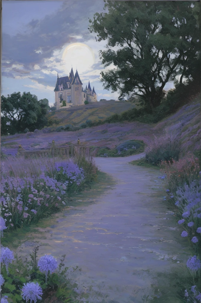 Create a book back cover illustration that seamlessly extends the dark, mysterious medieval theme established on the front cover. The scene takes place in the courtyard of a castle, under the same stormy, cloud-covered night sky, with deep blues and purples dominating the color palette. The moonlight, filtered through the clouds, casts a soft, eerie glow over the cobblestone ground. In the foreground, there is a weathered stone well, with ivy creeping up its sides, and a small cluster of blue thistle flowers, their vibrant blue and violet hues providing a subtle pop of color amidst the muted tones. The courtyard is surrounded by tall, ancient castle walls, and a large, wooden door on one side is slightly ajar, hinting at hidden secrets or mysteries beyond. The overall atmosphere is quiet, eerie, and introspective, with gentle shadows adding depth to the scene. The book’s synopsis is centered on the back cover, written in an elegant Gothic-style font that matches the front cover. A simple medieval border frames the text, keeping the design cohesive and aligned with the artistic style of the front.