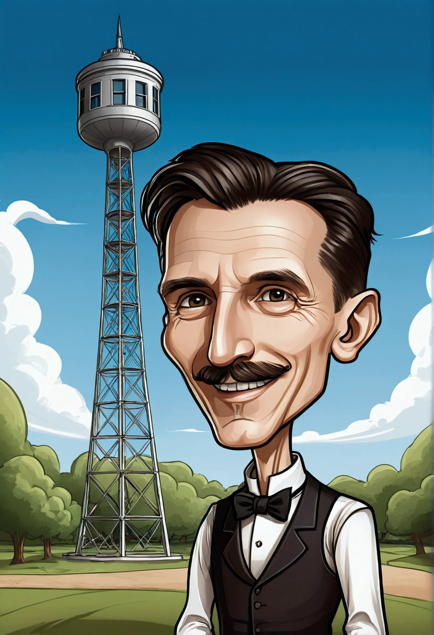 Nikola Tesla smile  standing , a tower tesla's with in the background, caricature style, in cartoon style, big head, standing in , chibi, caricature illustration, caricature!!!, caricature, digital art cartoon, cartoon artstyle,, with a big head, realistic cartoon, charicature, , cartoon portrait