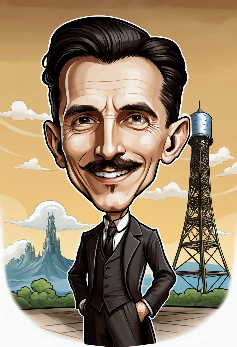 Nikola Tesla smile  standing , a tower tesla's with in the background, caricature style, in cartoon style, big head, standing in , chibi, caricature illustration, caricature!!!, caricature, digital art cartoon, cartoon artstyle,, with a big head, realistic cartoon, charicature, , cartoon portrait