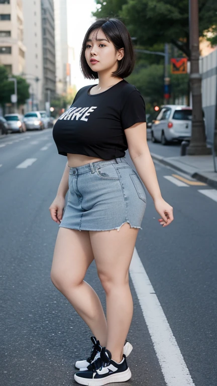 mature woman, Wearing a T-shirt, wearing a thigh skirt, chubby face, asian girl, big breast, big arm, big belly, Chubby body, big thighs, Chubby buttocks, Bob Hairstyle, Fat Chan, a cute girl, big , big , she . Wear sneakers . sexy bbw woman