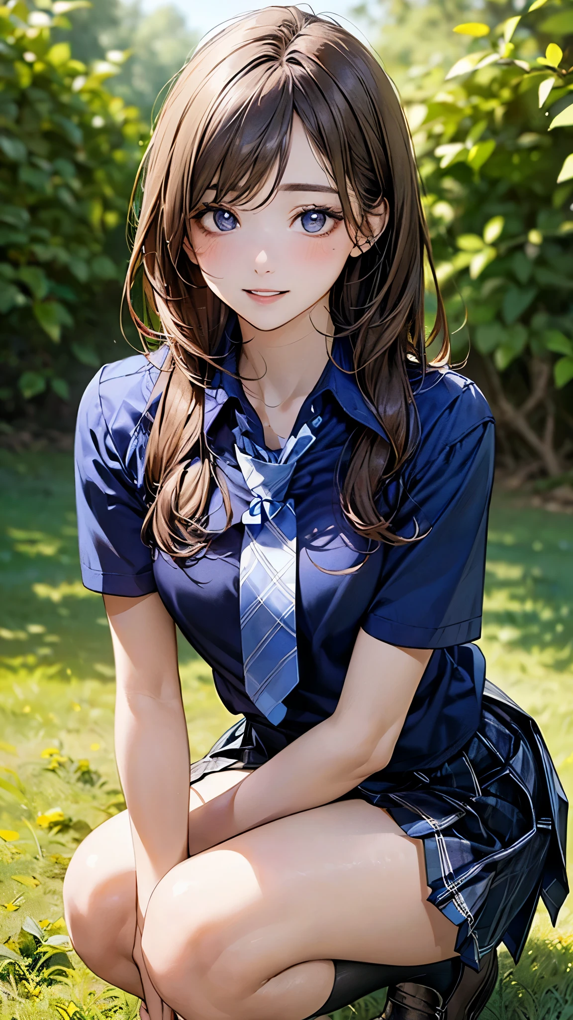 (masterpiece:1.2, top-quality), (realistic, photorealistic:1.4), beautiful illustration, (natural side lighting, movie lighting), depth of fields, nsfw,
beautiful detailed hair, beautiful detailed face, beautiful detailed eyes, beautiful clavicle, beautiful body, beautiful chest, beautiful thigh, beautiful legs,
looking at viewer, 1 girl, 12 years old, (perfect anatomy, anatomically correct, super detailed skin), cute and symmetrical face, perfect face, perfect eyes, perfect fingers, five fingers,
(long hair, straight hair, light brown hair), braided bangs, break light brown eyes, big eyes, (medium breasts, seductive thighs), perfect body, shiny skin, pink skin,
(detailed cloth texture), break (((short sleeve black collared shirt))), break (((cobalt blue plaid pleated skirt))), break (((cobalt blue plaid tie))), break
(beautiful scenery), morning, (grassy:1.2), squatting, (lovely smile, upper eyes, parted lips),