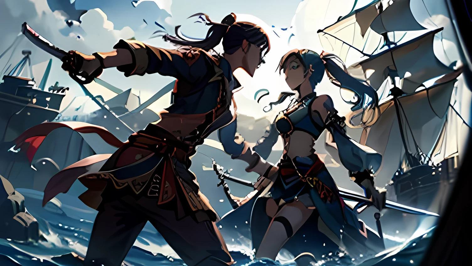 Fascinating sword fight、Dynamic Movement、Two attractive pirate ladies、fight、intense、On the deck of the ship、war、storm、anime、Very detailed、Anatomically correct。