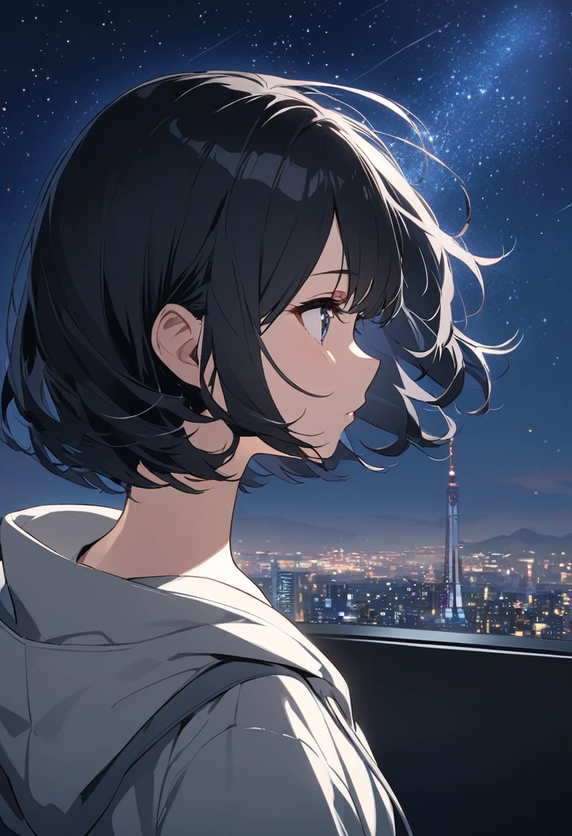 Starry Sky、One woman、Black Hair、Short Hair、Hair blowing in the wind、Wearing a hoodie、Back view、Full body portrait、Overlooking the city from afar