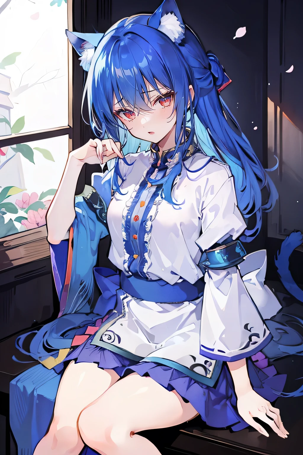 (Masterpiece:1.2)，Ultra-detailed，lifelike，The eyes are expressive，Fair skin，Perfect face shape，1 girl，Japanese Manga，Gorgeous blue hair，Flowing blue hair，Flowing clothes，Cat ears，Petals falling，Shy face，sitting on window，Place your hand on your lips.