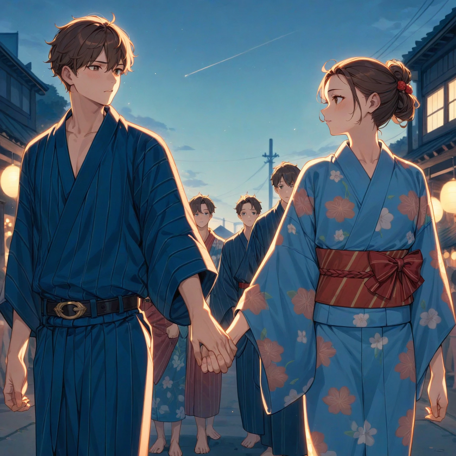 score_9, score_8_up, score_7_up, score_6_up, score_5_up, score_4_up, masterpiece, best quality BREAK 1girl、yukata、Brown Hair、Red belt、Grab my hand BREAK 1boy、青いyukata、Black Belt、Grab my hand BREAK Summer Festival、firework、night、Gazing at each other