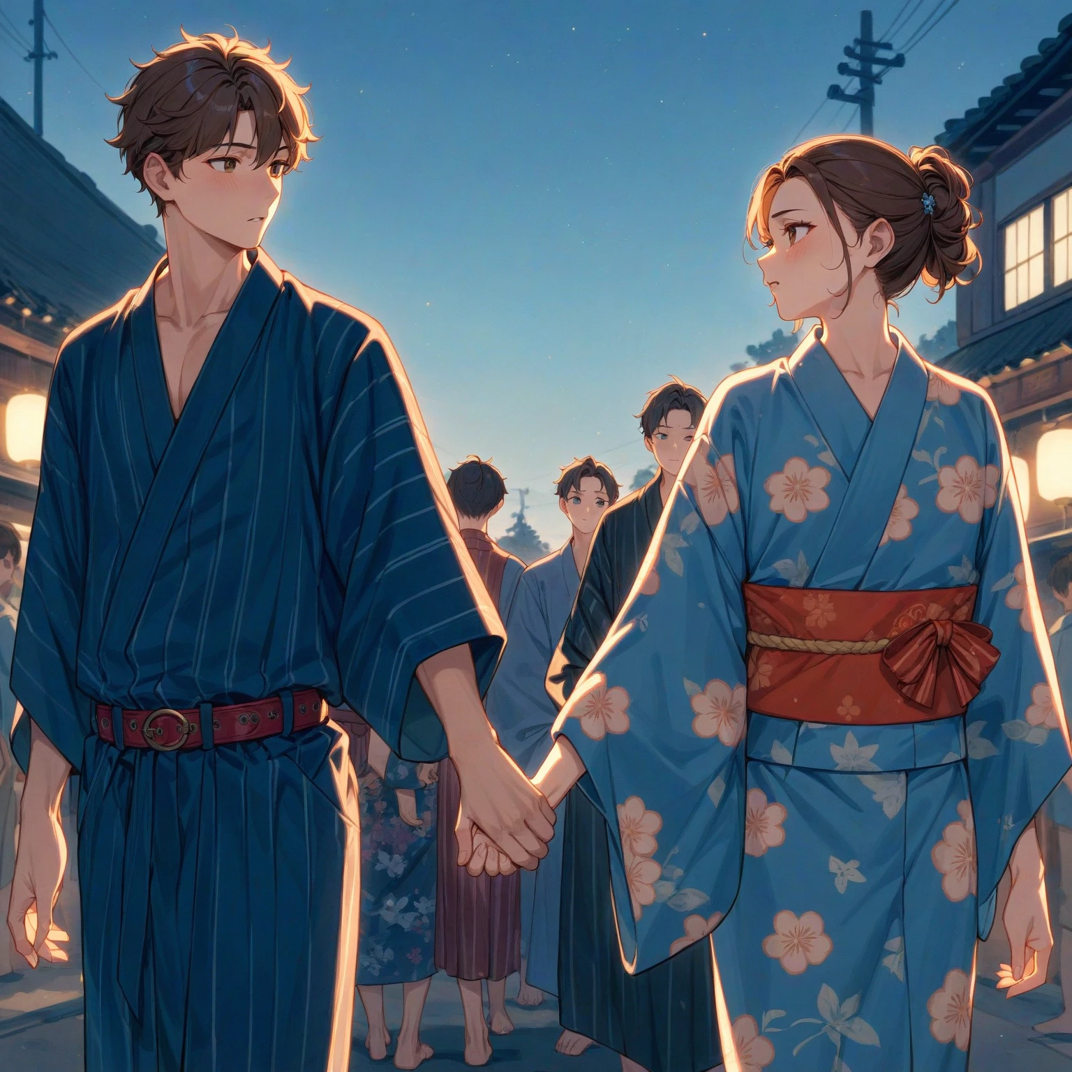 score_9, score_8_up, score_7_up, score_6_up, score_5_up, score_4_up, masterpiece, best quality BREAK 1girl、yukata、Brown Hair、Red belt、Grab my hand BREAK 1boy、青いyukata、Black Belt、Grab my hand BREAK Summer Festival、firework、night、Gazing at each other