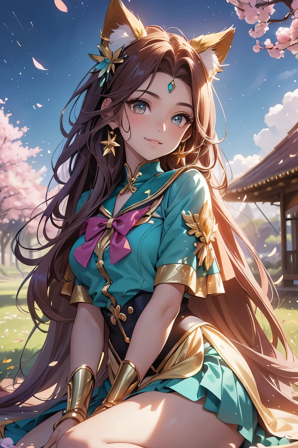 (best quality,4k,8k,highres,masterpiece:1.2),ultra-detailed,(realistic,photorealistic,photo-realistic:1.37),acrylic painting,beautiful Brazilian model in a uniform outfit red and gold with downy hair,beautiful Brazilian model with extremely colorful brown hair and detailed facial features,beautiful Brazilian model standing in a beautiful garden surrounded by a starry sky,brown hair,beautiful Brazilian model wearing a vibrant teal and gold uniform outfit,beautiful Brazilian model with intricate accessories,cat ears, ,beautiful Brazilian model with long flowing twintails,beautiful Brazilian model with bright brown eyes and rosy lips,beautiful Brazilian model with a joyful expression,beautiful Brazilian model in a dynamic pose with cherry blossoms falling around her,beautiful Brazilian model surrounded by colorful flowers and butterflies,beautiful Brazilian model's school uniform outfit adorned with cute bows and lace details red and gold,beautiful Brazilian model with an enchanting smile,beautiful Brazilian model with soft, pastel-colored shading,beautiful Brazilian model with a magical glow illuminating her,beautiful Brazilian model in a picturesque setting with a winding path leading to a magnificent castle,beautiful Brazilian model with a fairytale-like background,beautiful Brazilian model with a soft, dreamy atmosphere,beautiful Brazilian model with a subtle bokeh effect,beautiful Brazilian model standing under a sunny sky,beautiful Brazilian model with a warm, golden sunset in the background,beautiful Brazilian model surrounded by twinkling stars and colorful nebulae,creating an ethereal and captivating artistic masterpiece, sitting down, facing camera, uniform outfit sailor scout