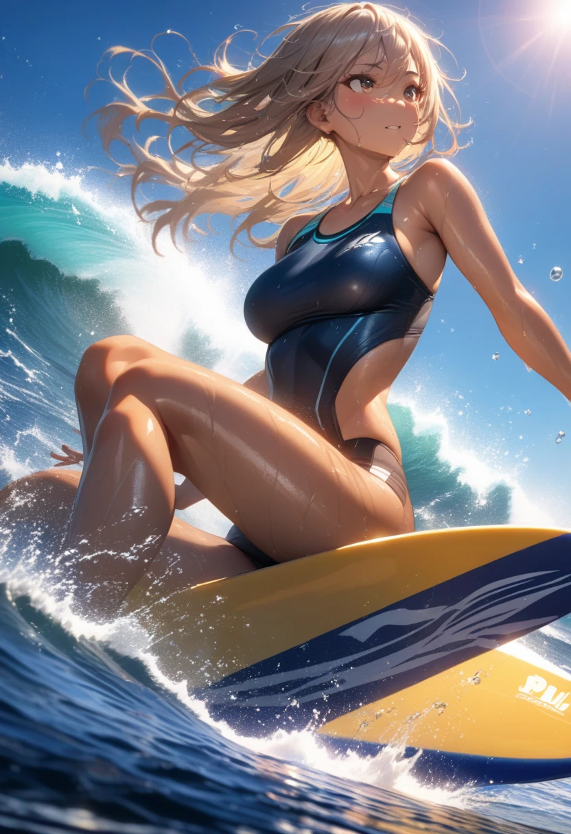 masterpiece, best quality, Very detailed, HD, HDR, Practical, depth, Delicate texture, Super Fine, Completely focused, (Very sporty surfer girl), Beautiful woman, Slim and healthy, (Tanned skin, Wet hair), Ride a surfboard, Dynamic poses, Big Wave, Splash, Ocean background, Bright Sunshine, Vibrant colors, Detailed water reflections, Vibrant atmosphere, Tropical environment, lens flare, Movie Lighting, Volumetric Lighting, Detailed texture, Marine spray, Motion and motion blur
