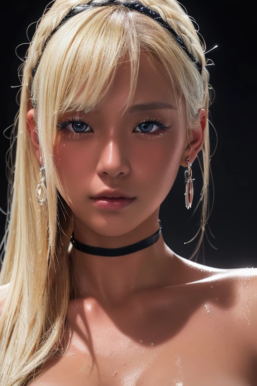 (Highest quality, 4K, 8k, High resolution, masterpiece:1.2), Very detailed, (Realistic, photoRealistic, photo-Realistic:1.37)、club、stage、Japanese、(Completely naked）、ear piercing、Blonde with a black choker、(Hairstyle:random),Shiny skin caused by lotion、Gal Fashion、Oily skin、Sweaty skin
