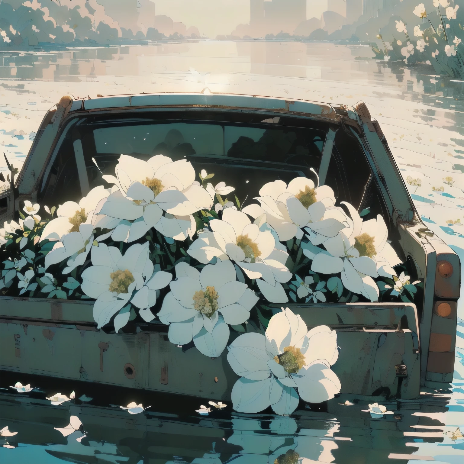 (((Masterpiece, top quality))), (((32K wallpaper))), ultra high resolution, (((close-up))), gorgeous light leak, (((backlit))), highly detailed background, top quality, (((no humans))), highly transparent river, (((extremely detailed rusty heavy truck with many white flowers)), (((( very dull color )))), (((( white flowers in the water))), (((White petals fly)))
