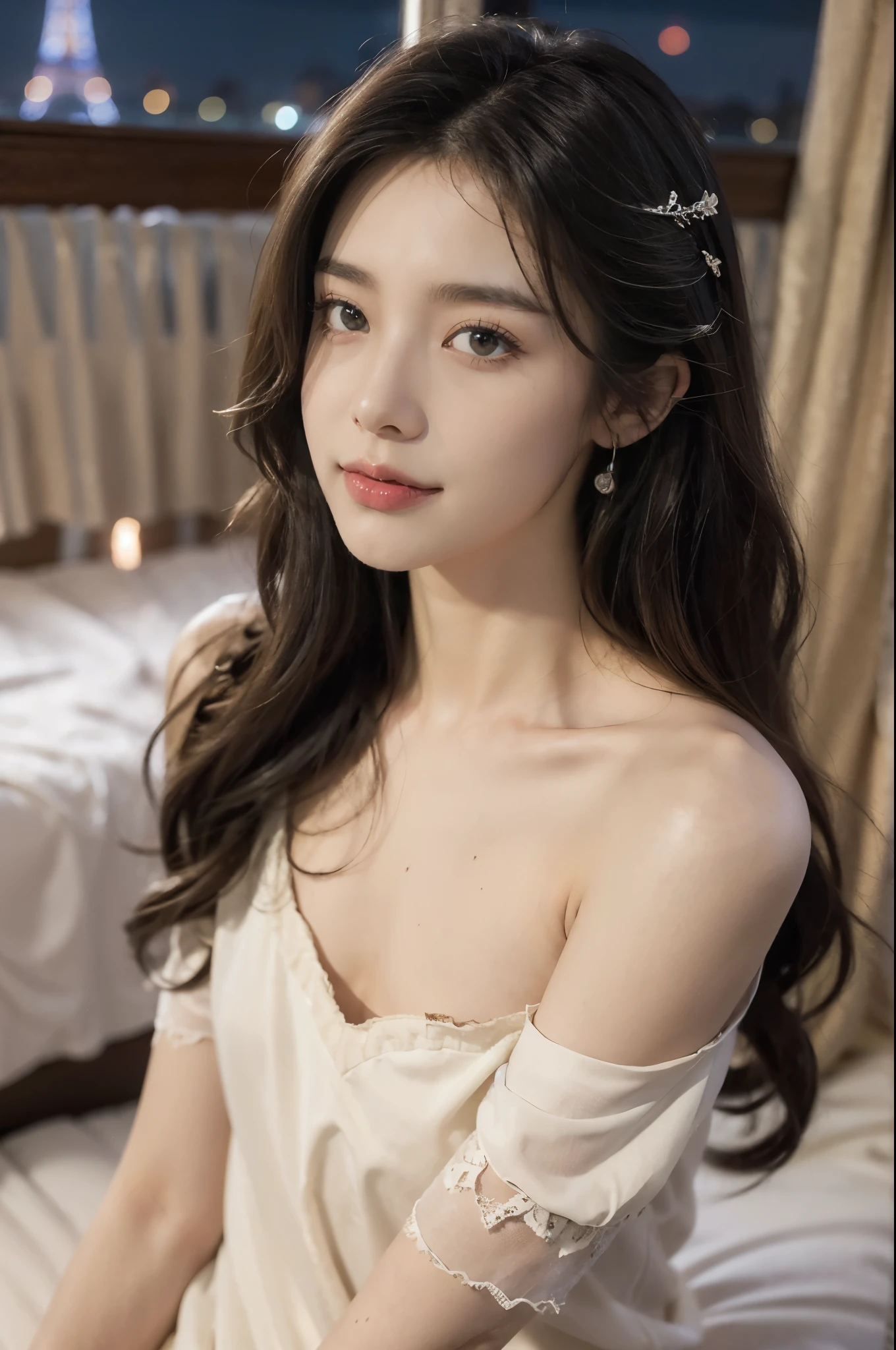 (((best quality))), (((ultra detailed))), (((masterpiece))), illustration,((a beautiful girl,solo)),(collarbone-length straight hair:0.8),((slim,thin)),((small breasts,flat chest)),window, city view, twinkling lights,(torn tattered short-sleeved nightgown:1.3), delicate skin, faded walls, peeling paint, dusty carpet,(sitting on the restless bed:1.3),(Eiffel Tower:1.3), majestic, twinkling lights, awe, hint of smile, reaching out, tracing outline, magic moment, peace, chaos below, solace, solitude, vision of beauty, tranquility, rough surroundings, edgy beauty, resilience, strength, outlined eyes, hidden fire, soul, million thoughts, dreams, reality blurred,(summer:1.2),(night scene:1.3), vulnerability,beauty of moment, frozen in time, etched in memory,(in dilapidated bedroom:1.3),(rundown hotel:1.3), ((from front,upper body))