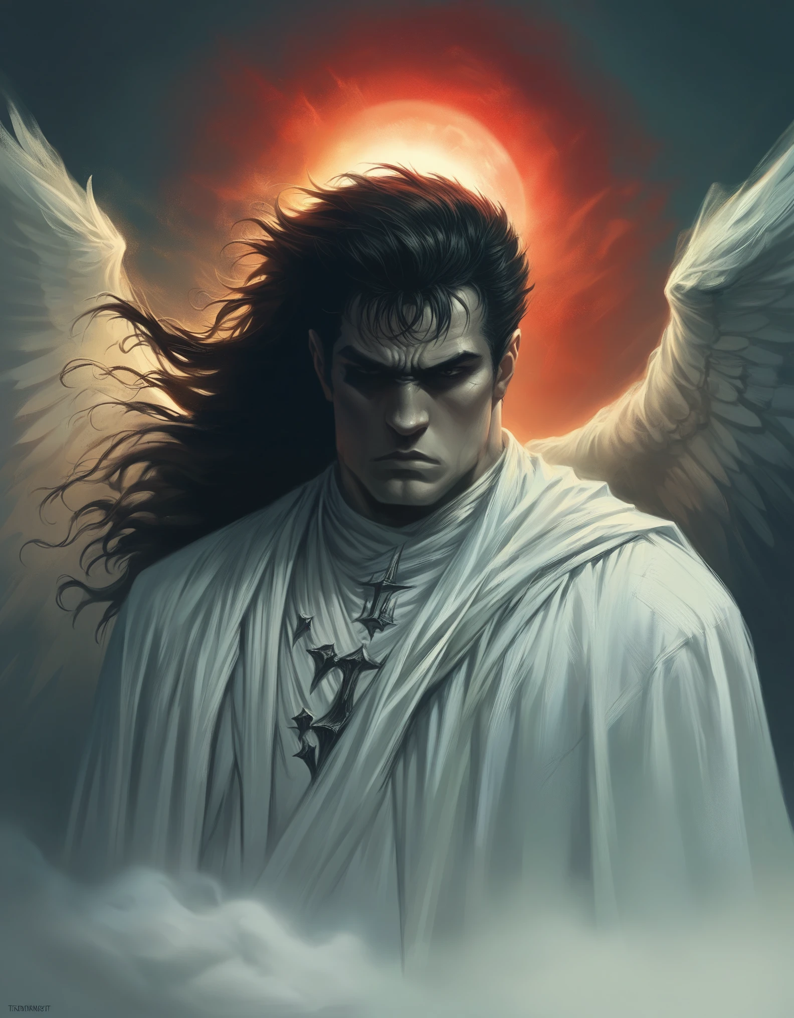 Fantasy-style illustration featuring a dramatic and intense scene. The layout is vertical, with a large, ethereal figure on the right side, draped in flowing white robes and possessing large, detailed wings. The figure has a serene, almost sorrowful expression, with pale skin and long, flowing hair. On the left side, Guts, the Black Swordsman, its massive blade glowing with a faint blue light. His face is partially obscured by his helmet, revealing a determined expression. The background is filled with swirling red mist and indistinct forms, adding to the chaotic and otherworldly atmosphere. The overall color palette is dominated by shades of red and white, creating a stark contrast between the two figures. At the bottom center, a circular logo bears the text 'Artvision1999' in a gothic font, subtly blending into the ominous environment.