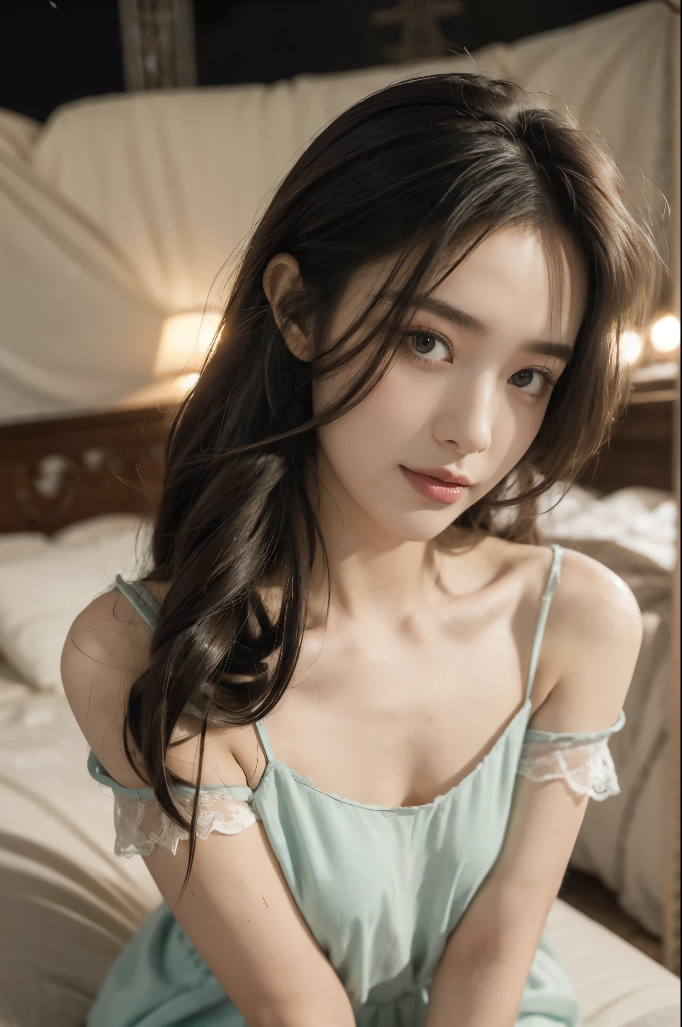 (((best quality))), (((ultra detailed))), (((masterpiece))), illustration,((a beautiful girl,solo)),(collarbone-length straight hair:0.8),((slim,thin)),((small breasts,flat chest)),window, city view, twinkling lights,(torn tattered short-sleeved nightgown:1.3), delicate skin, faded walls, peeling paint, dusty carpet,(sitting on the restless bed:1.3),(Eiffel Tower:1.3), majestic, twinkling lights, awe, hint of smile, reaching out, tracing outline, magic moment, peace, chaos below, solace, solitude, vision of beauty, tranquility, rough surroundings, edgy beauty, resilience, strength, outlined eyes, hidden fire, soul, million thoughts, dreams, reality blurred,(summer:1.2),(night scene:1.3), vulnerability,beauty of moment, frozen in time, etched in memory,(in dilapidated bedroom:1.3),(rundown hotel:1.3), ((from front,upper body))