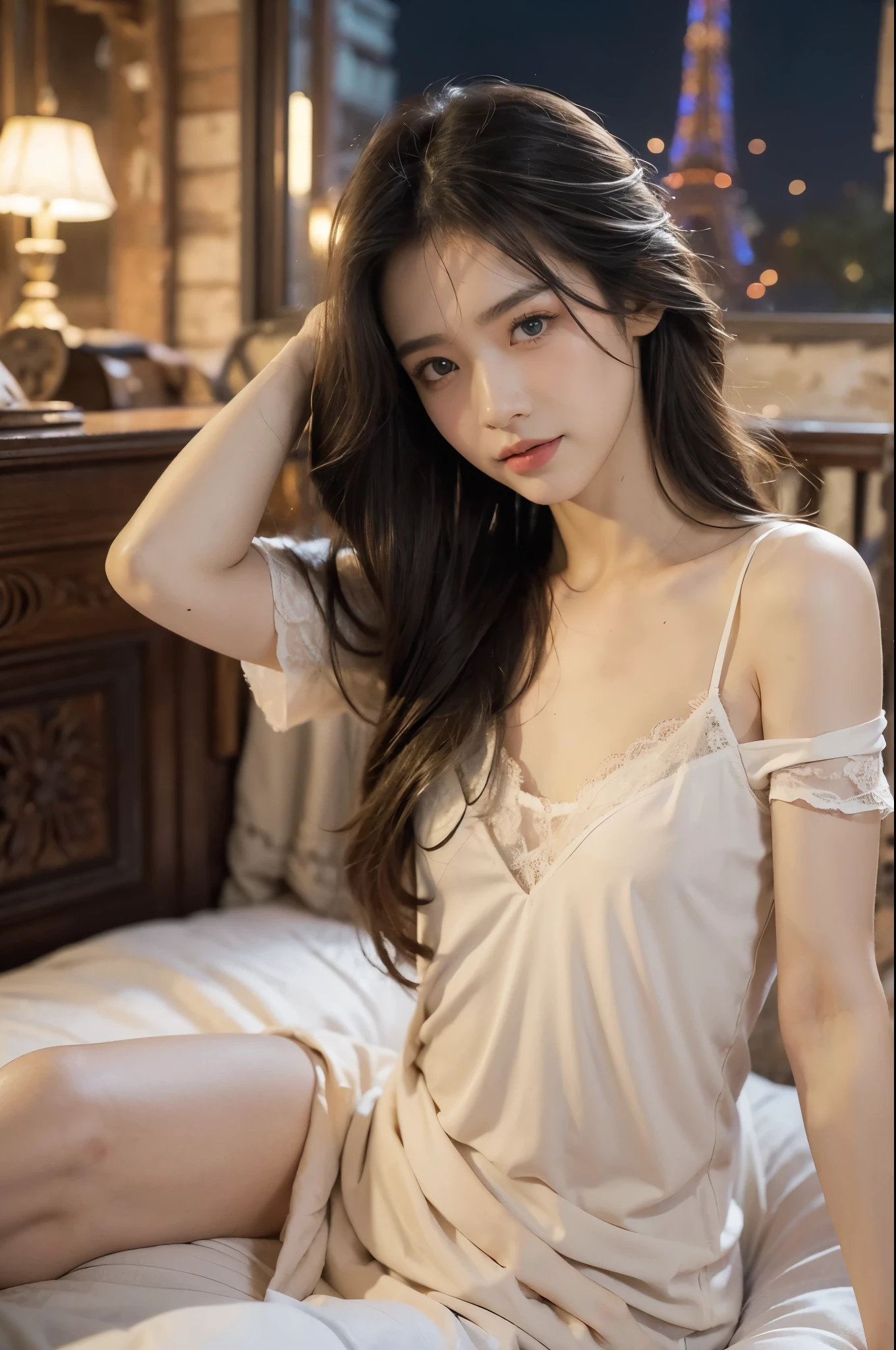 (((best quality))), (((ultra detailed))), (((masterpiece))), illustration,((a beautiful girl,solo)),(collarbone-length straight hair:0.8),((slim,thin)),((small breasts,flat chest)),window, city view, twinkling lights,(torn tattered short-sleeved nightgown:1.3), delicate skin, faded walls, peeling paint, dusty carpet,(sitting on the restless bed:1.3),(Eiffel Tower:1.3), majestic, twinkling lights, awe, hint of smile, reaching out, tracing outline, magic moment, peace, chaos below, solace, solitude, vision of beauty, tranquility, rough surroundings, edgy beauty, resilience, strength, outlined eyes, hidden fire, soul, million thoughts, dreams, reality blurred,(summer:1.2),(night scene:1.3), vulnerability,beauty of moment, frozen in time, etched in memory,(in dilapidated bedroom:1.3),(rundown hotel:1.3), ((from front,upper body))