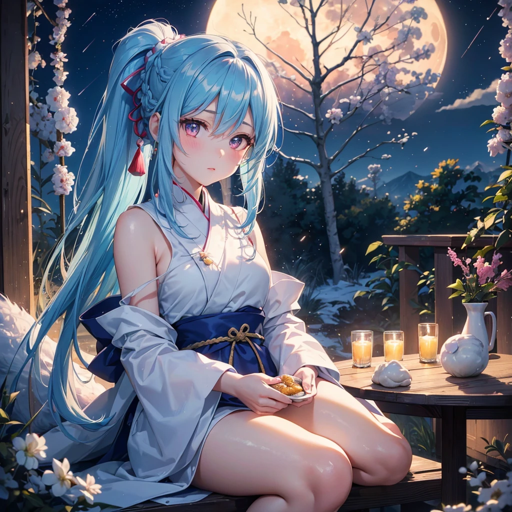 Sky blue hair, (Braided Ponytail), Pink eyes,Fair skin ,(whole body),(One Girl),Tsukimi,(White sweet dumplings ),Japanese pampas grass,(beautiful, Full moon shining in the night sky),(masterpiece, Highest quality, Very detailed, Best Shadow), (Detailed Background), (Beautifully detailed face), High Contrast, (Best lighting, Very delicate and beautiful), ((Cinematic Light)), colorful, Hyper Detail,8k, Dramatic Light, Intricate details,Sit and eat dumplings while watching the moon,(Rabbit pattern on the moon),mysterious