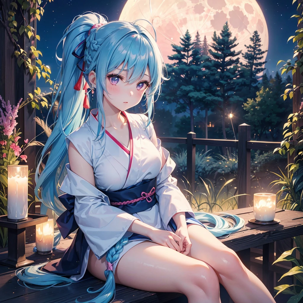 Sky blue hair, (Braided Ponytail), Pink eyes,Fair skin ,(whole body),(One Girl),Tsukimi,(White sweet dumplings ),Japanese pampas grass,(beautiful, Full moon shining in the night sky),(masterpiece, Highest quality, Very detailed, Best Shadow), (Detailed Background), (Beautifully detailed face), High Contrast, (Best lighting, Very delicate and beautiful), ((Cinematic Light)), colorful, Hyper Detail,8k, Dramatic Light, Intricate details,Sit and eat dumplings while watching the moon,(Rabbit pattern on the moon),mysterious