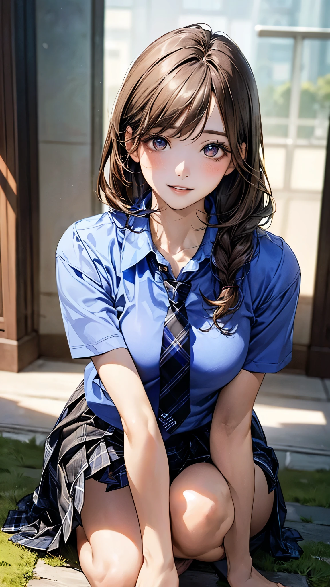 (masterpiece:1.2, top-quality), (realistic, photorealistic:1.4), beautiful illustration, (natural side lighting, movie lighting), depth of fields, nsfw,
beautiful detailed hair, beautiful detailed face, beautiful detailed eyes, beautiful clavicle, beautiful body, beautiful chest, beautiful thigh, beautiful legs,
looking at viewer, 1 girl, , (perfect anatomy, anatomically correct, super detailed skin), cute and symmetrical face, perfect face, perfect eyes, perfect fingers, five fingers,
(long hair, straight hair, light brown hair), braided bangs, break light brown eyes, big eyes, (medium breasts, seductive thighs), perfect body, shiny skin, pink skin,
(detailed cloth texture), break (((short sleeve black collared shirt))), break (((cobalt blue plaid pleated skirt))), break (((cobalt blue plaid tie))), break
(beautiful scenery), morning, (grassy:1.2), squatting, (lovely smile, upper eyes, parted lips),