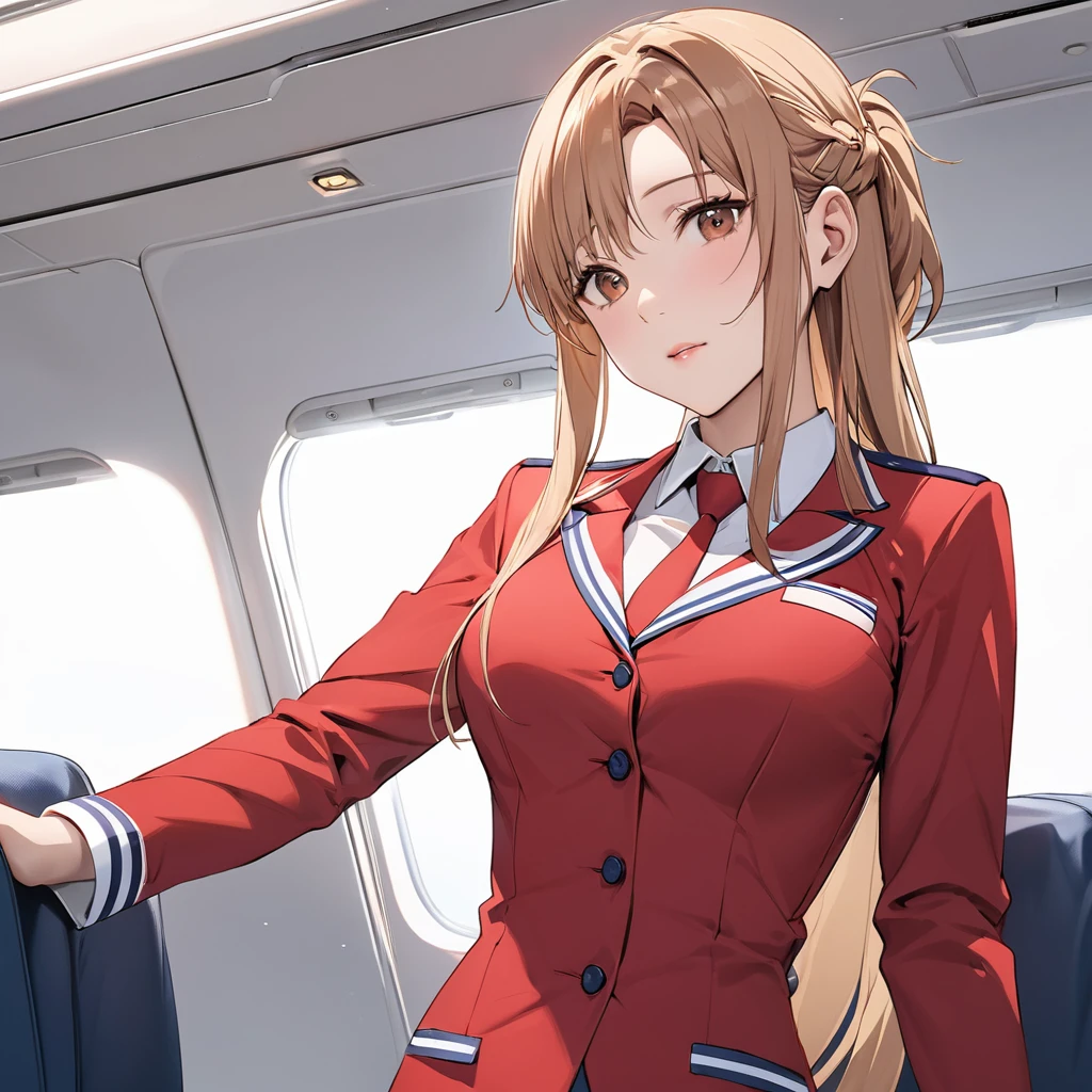 ((Highest quality)), ((masterpiece)), (detailed), (Perfect Face)、The woman is a Chinese flight attendant for Air China, named Yuuki Asuna, with light brown, medium-long hair.、The woman is wearing the red uniform of an Air China flight attendant.、The woman is an honorable special flight attendant reserved for members of the Chinese Communist Party.