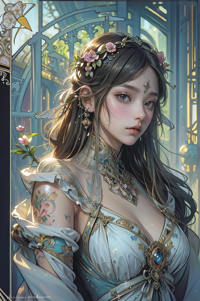Depicts a beautiful woman with flowers in her hair、Highly detailed watercolor painting, The style of Alfons Maria Mucha and Gustav Kirmut, Art Nouveau accents, Fairy Princess, Anthropomorphic woman, Female figure, Detailed cover artwork, As the Flower Goddess, Alphonse Mucha, Gustav Klimt, Pale skin, Marble sculpture, society, Gothic art, Art Nouveau, Behance Contest Winner