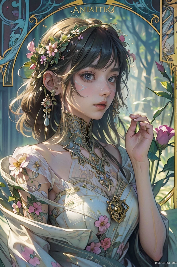 Depicts a beautiful woman with flowers in her hair、Highly detailed watercolor painting, The style of Alfons Maria Mucha and Gustav Kirmut, Art Nouveau accents, Fairy Princess, Anthropomorphic woman, Female figure, Detailed cover artwork, As the Flower Goddess, Alphonse Mucha, Gustav Klimt, Pale skin, Marble sculpture, society, Gothic art, Art Nouveau, Behance Contest Winner