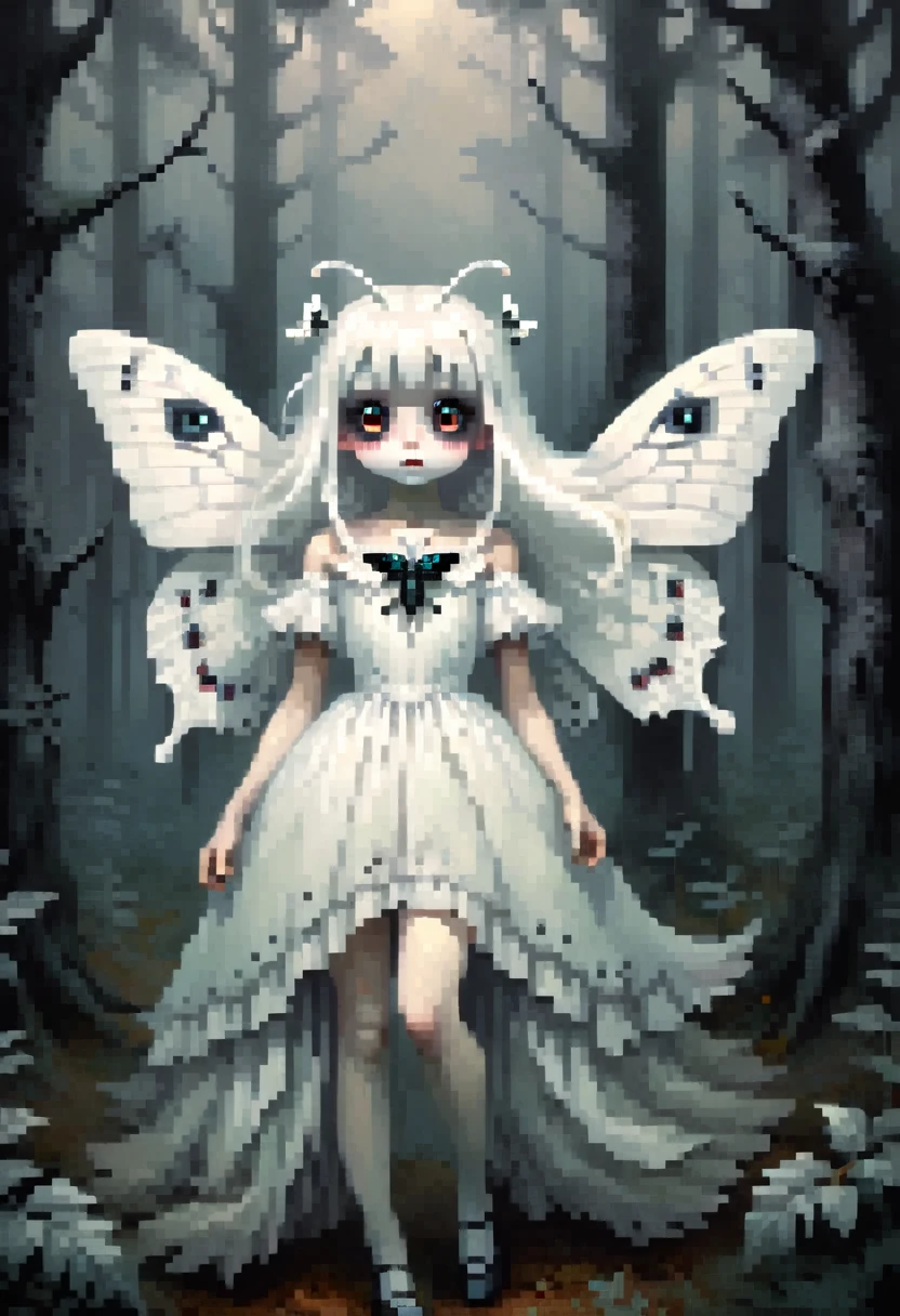 1 girl monster moth /(creepy ) long white hair,white antennae on the head like a butterfly, eye color black,big eyes,in a quiet dark forest,from below,pale skin,Extremely white skin,glossy body,white dress 19th century costume\),background\(Dark, foggy pine forest)