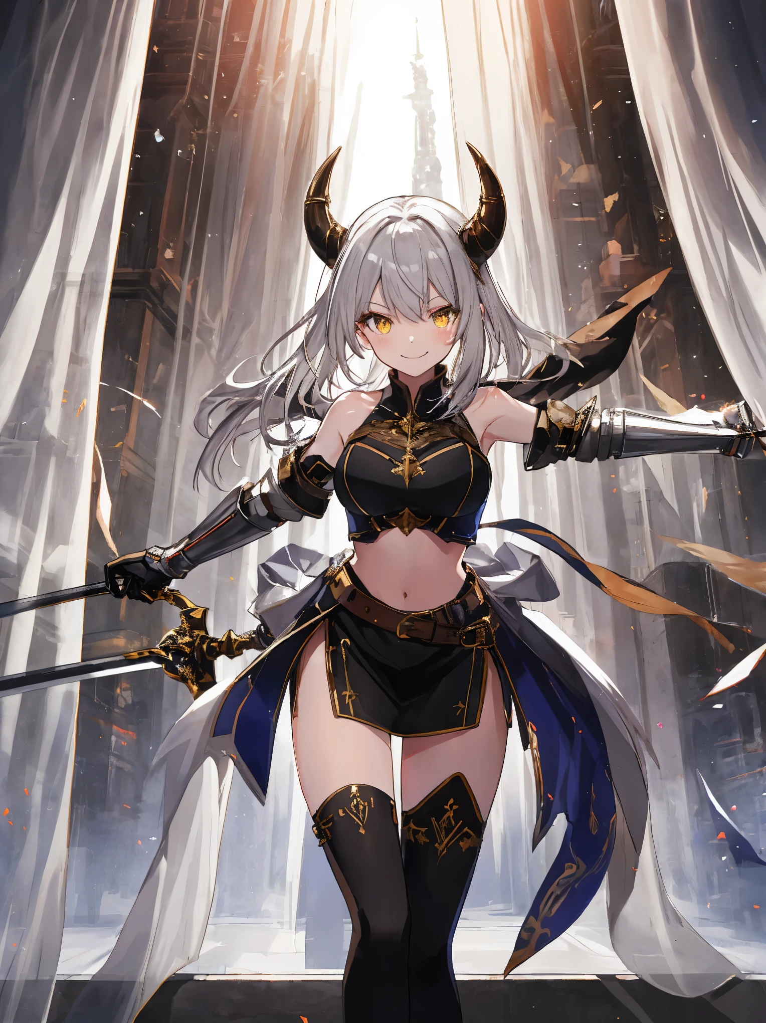 fantasy, 1devil_girl, low_, platina_blond_hair,long_bangs,, bare_shoulder, navel out, thighhighs,silver_armor, white_clothes,waist_armor, Glebe, hold_swords, large_breasts, dynamic_flying_pose,Floating,(pelvic_curtain:1.3), silver_Headgear ,looking_down_at_sunrise_city_sky_background,,slightly_spread_legs, some_swords,some_swords_floating_around_the_girl,solo,horn ,smile,,open_legs,open_arms,rise_knee,rise_leg,rise_thigh,rise_leg,forward_leaning_posture,apart_legs,fang,Shiny_gold_eyes