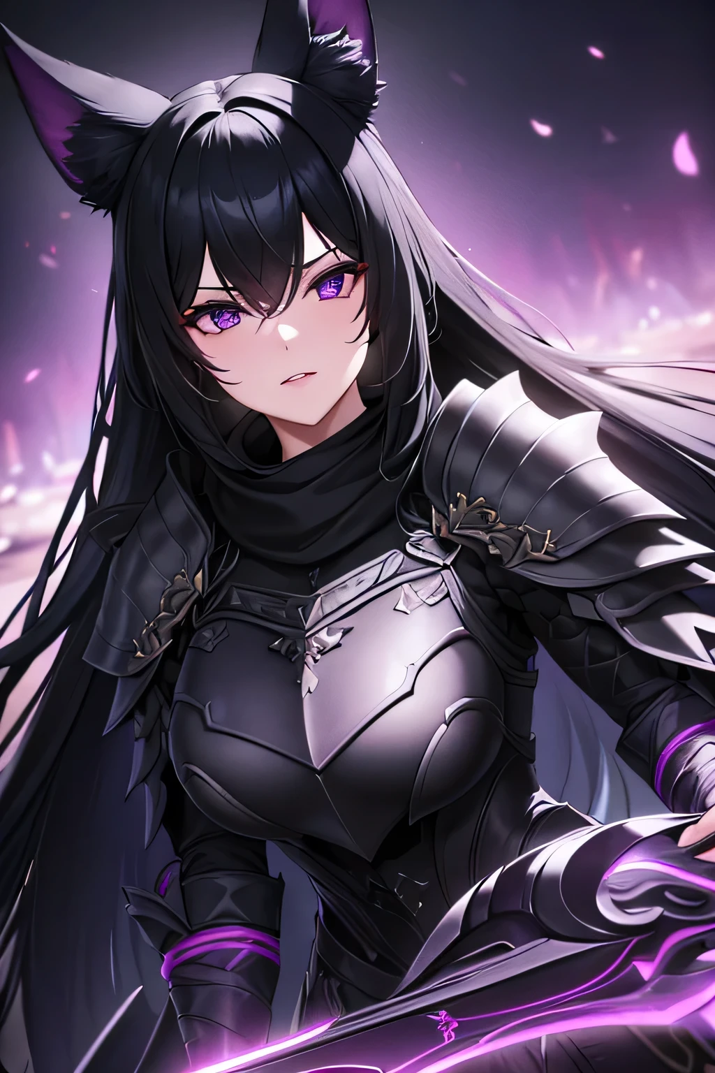 A woman with purple eyes, aloof expression, seven black fox tails, large fox ears, and black flowing hair, in a black plate armor with a purple scarf, DRK_Glam, dark armor, (best quality,4k,8k,highres,masterpiece:1.2),ultra-detailed,,HDR,UHD,studio lighting,ultra-fine painting,sharp focus,physically-based rendering,extreme detail description,professional,vivid colors,bokeh,atmospheric,dramatic lighting