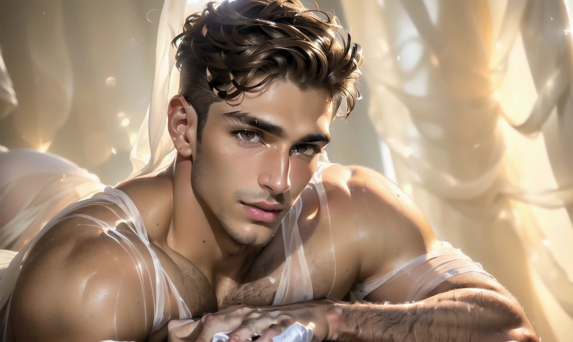 "((highly detailed, detailed eyes, detailed face, clear and realistic facial features, photorealistic, realistic light; cinematic)), (1 man), ((((artist studio background)))), (((23-year-old male))), (((seductive sexy enigmatic gorgeous greek male model))), ((((Greek nose)))), ((strong ethnic Greek appearance)), ((((model is acting enticing)))), ((seductive expression)), (((blushing))), ((short dark-brown hair)), ((((light hazel brown eyes)))), ((olive skin)), (((long dark-brown natural eyelashes))), (((clean-shaven face))), (((posing seductively with body draped in a sheer white silk sheet))."