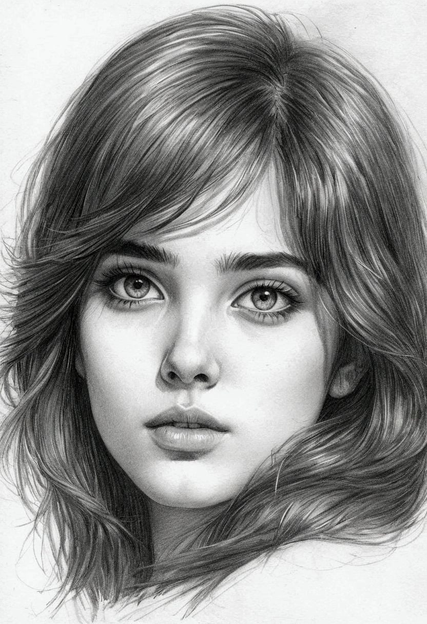 A delicate, graphite sketch shows a naked Persian girl, her features rendered in subtle shading and precise lines. The framing is tight, focusing attention on the sweet beautiful serene face, very big eyes, thick and long eyebrow, very high nose, thin and wide lips. Soft, feathery strokes convey the gentle texture of her short hair, while the delicate curve of her neck is emphasized by the pencil's softness. The overall mood is contemplative. 