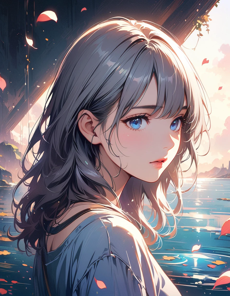 (Very detailedなCG、Unity、8k wallpaper)、(Very delicate and beautiful)、(masterpiece)、(Highest quality:1.0)、(超High resolution:1.0)、Beautiful lighting、Perfect Lightning、Realistic Shadows、[High resolution]、Detailed skin、Very detailed、Detailed face and eyes、Realistic eyes、blue eyes、Floats on water、Gray Hair、A young woman with a melancholy expression, surrounded by falling flower petals in a warm, cozy setting with soft lighting. Detailed anime-style illustration with a dreamlike, nostalgic atmosphere.