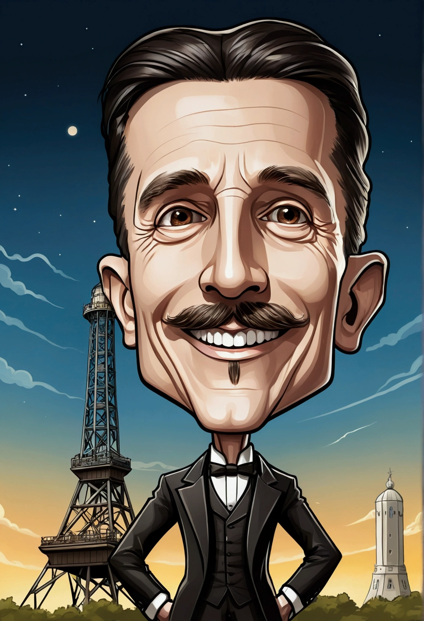 Nikola Tesla smile  standing , a tower tesla's with in the background, caricature style, in cartoon style, big head, standing in , chibi, caricature illustration, caricature!!!, caricature, digital art cartoon, cartoon artstyle,, with a big head, realistic cartoon, caricature, , cartoon portrait