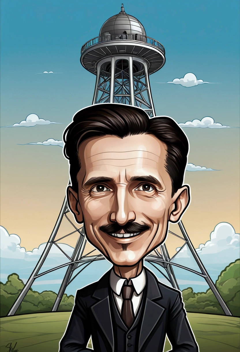 Nikola Tesla smile  standing , a tower tesla's with in the background, caricature style, in cartoon style, big head, standing in , chibi, caricature illustration, caricature!!!, caricature, digital art cartoon, cartoon artstyle,, with a big head, realistic cartoon, caricature, , cartoon portrait