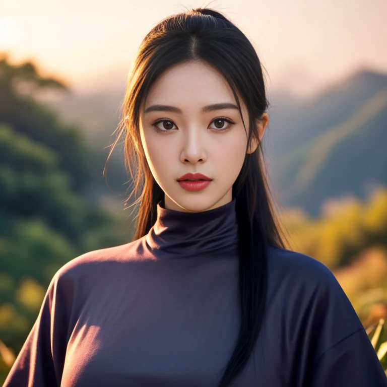 An Araf girl wears a red round-neck t-shirt., Portrait in the middle of a shot, Portrait 8 k, Southeast Asians with round faces, Age 2 4 years, Thai anime,black hair, ponytail,Extra long hair 2 meters, beautiful female model, Trending on cgstation, วัดChest 36 inches “Very large chest.,, Chest 36 inches “Very large chest., Beautiful digital artและงดงาม, Beautiful digital art