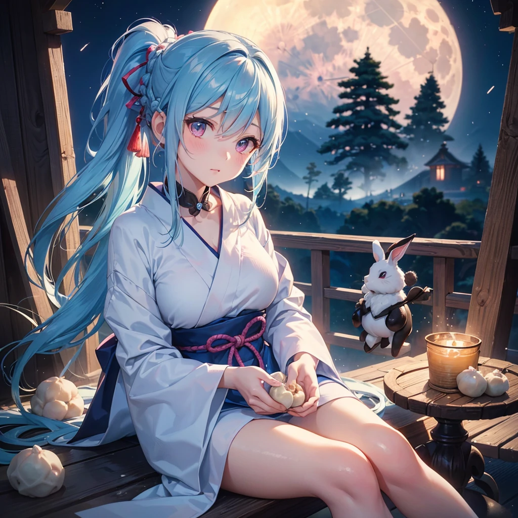 Sky blue hair, (Braided Ponytail:1.2), Pink eyes,Fair skin ,(whole body),(One Girl),Tsukimi,(White sweet dumplings ),Japanese pampas grass,(beautiful, Full moon shining in the night sky),(masterpiece, Highest quality, Very detailed, Best Shadow), (Detailed Background), (Beautifully detailed face), High Contrast, (Best lighting, Very delicate and beautiful), ((Cinematic Light)), colorful, Hyper Detail,8k, Dramatic Light, Intricate details,Sit and eat dumplings while watching the moon,(Shadow of a rabbit on the moon),mysterious